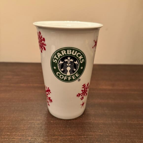 Starbucks 2010 CHRISTMAS White Travel Mug Silicone Lid Red Snowflakes Coffee Cup - Picture 5 of 14